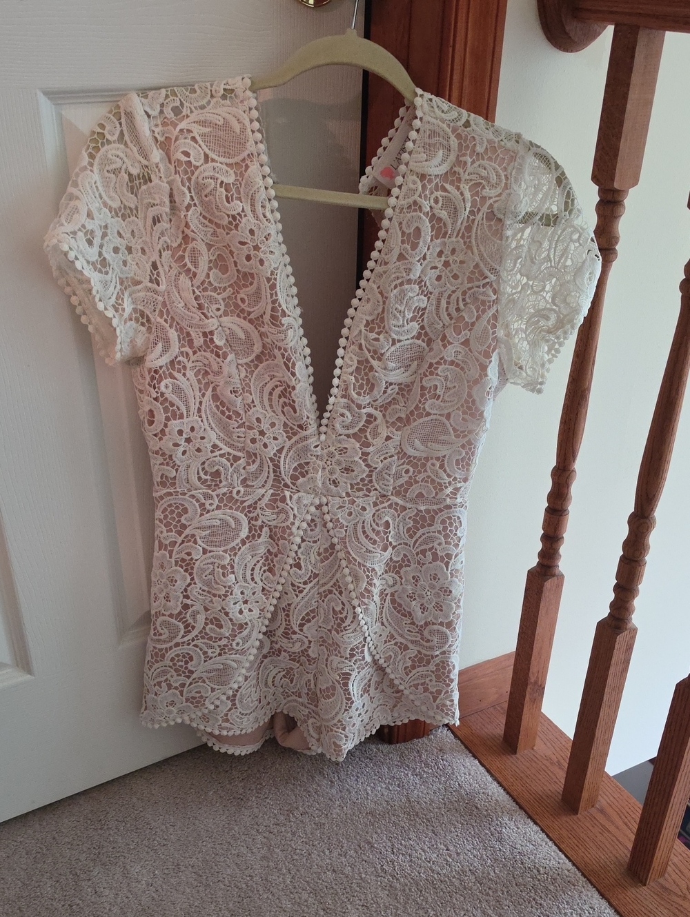 L'ATISTE Ivory Lace V-Neck Romper with Pom Trim